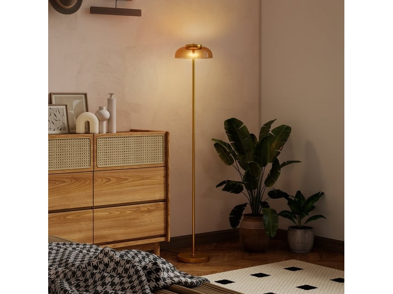  Lampadaire led 25 x 25 x 134 cm laiton antique, verre et métal, lumière chaude 3000 k avec interrupteur au pied  - Conforama D