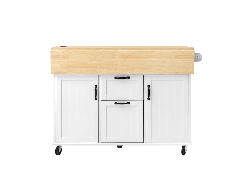 Îlot de cuisine mobile 120 x 40-80 x 92 cm, plateau rabattable, prises, usb-c, rangements, blanc et bois Jamama eleni - Conforama A
