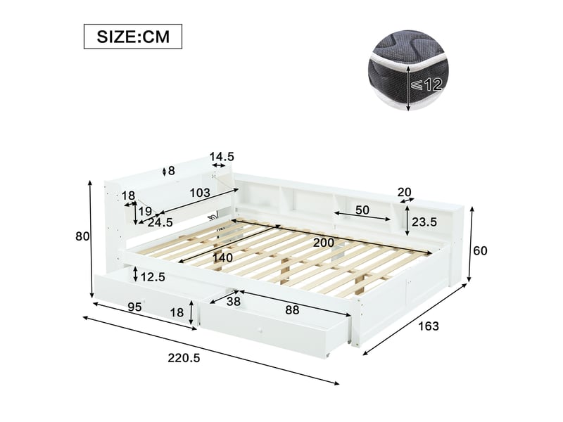  Lit double 140 x 200 cm blanc avec rangements, 2 lumières et prise de recharge  - Conforama E