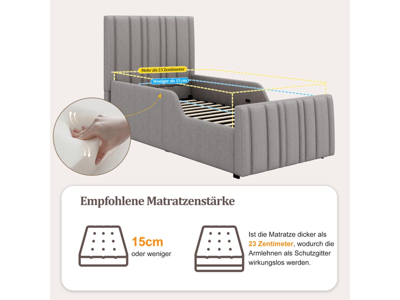  Lit coffre enfant simple 90×200 cm, sommier inclus, grand rangement, tête rembourrée - okmyhome- sans matelas, lin gris  - Conforama E