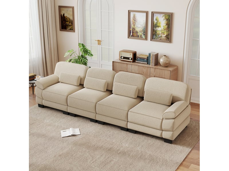  Canapé modulable 4 places 336x88,5x94 cm, format spacieux, fixations, coussins de soutien, velours côtelé, beige  - Conforama A