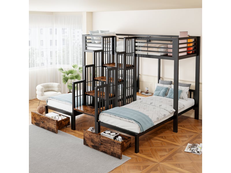  Lit superposé 90 × 200 cm 3 places avec escalier, barrières et 2 tiroirs, sans matelas, métal et bois noir  - Conforama C