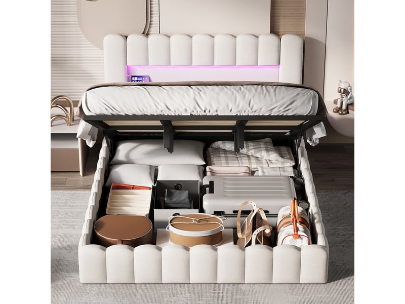  Lit coffre 180x200cm, lit double avec rangement hydraulique, lit led avec usb ports,cadre de lit avec sommier à latte,beige lit adulte en lin capitonné  - Conforama R