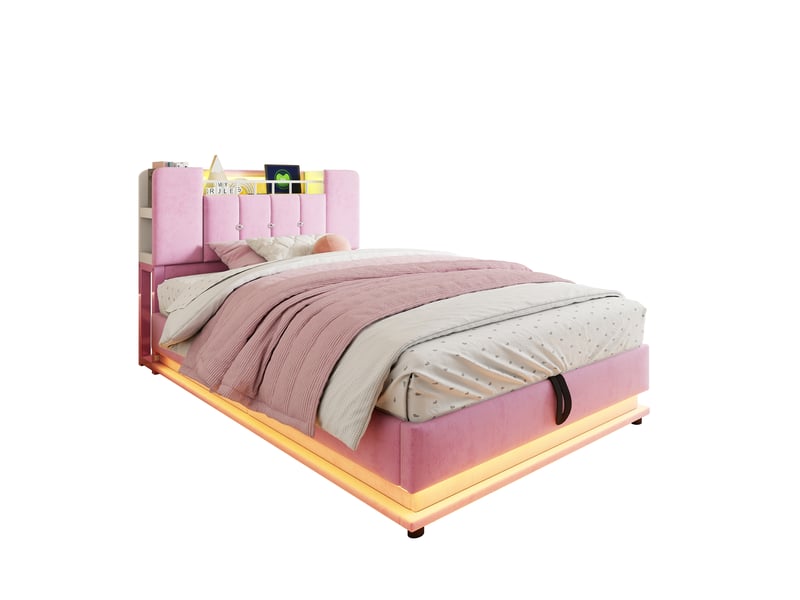  Lit coffre enfant 90x200 cm avec led et prise usb, lit simple avec rangement et système hydraulique, velours, sans matelas, rose  - Conforama A