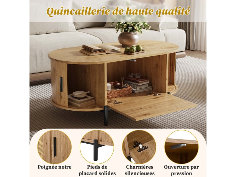 Table basse, avec rangement intégré, 100 x 50 x h 40 cm, bois naturel, structure en mdf, portes coulissantes, plateau ovale, façade effet rotin Luxe haut de gamme - Conforama E
