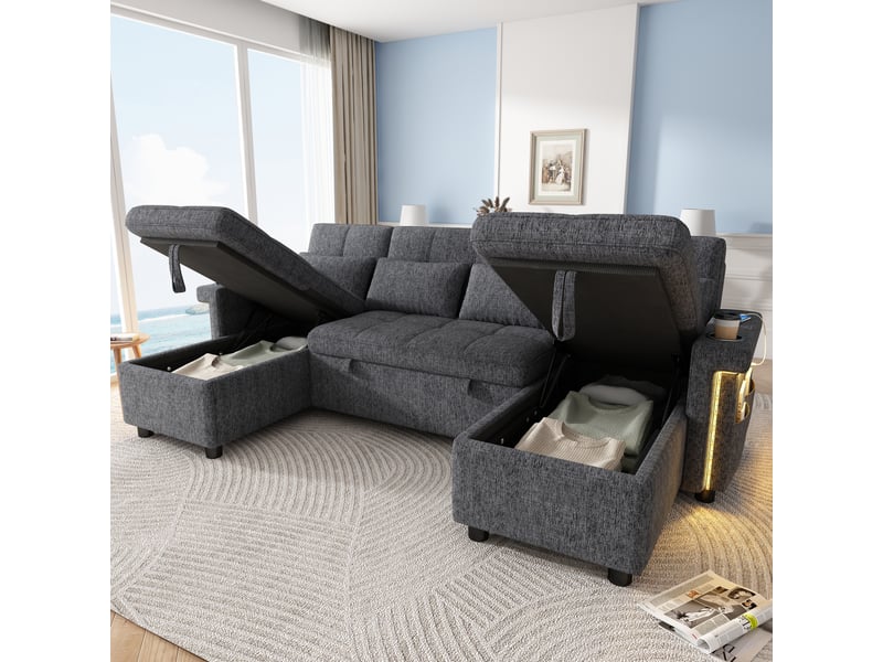  Canapé panoramique en u convertible avec rangement, led, ports usb-c et dossier réglable, chenille gris  - Conforama B
