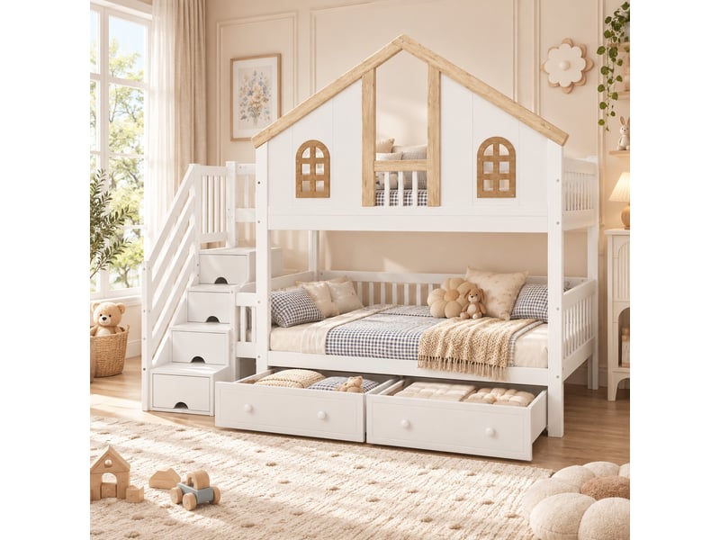  Lit superposé enfant 90 × 200 cm avec escalier de rangement, 2 tiroirs à roulettes et fenêtres, pin et mdf, blanc et naturel  - Conforama B