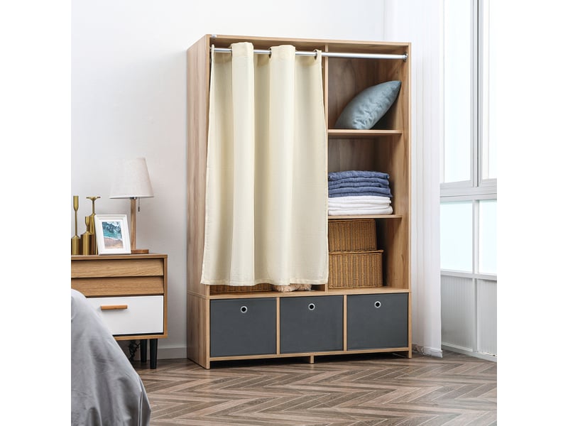  Armoire penderie armoire de rangement avec tringle rideaux 3 tiroirs en tissu amovibles 105 x 48 x 160 cm naturel  - Conforama B