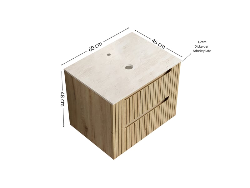  Meuble sous vasque de salle de bain sans lavabo, plateau en pierre frittée effet travertin, en contreplaqué, chêne clair  - Conforama D