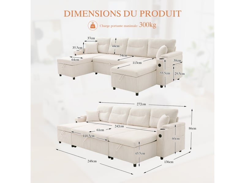  Canapé droit 4 places en velours beige avec chaiselongues des deux côtés, rangement, porte-gobelets, usb et fonction lit, design moderne pour salon  - Conforama C