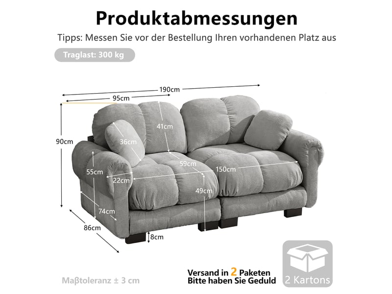  Canapé droit 2 places en chenille gris clair, modulable, coussins épais et dossier ergonomique pour le salon  - Conforama C