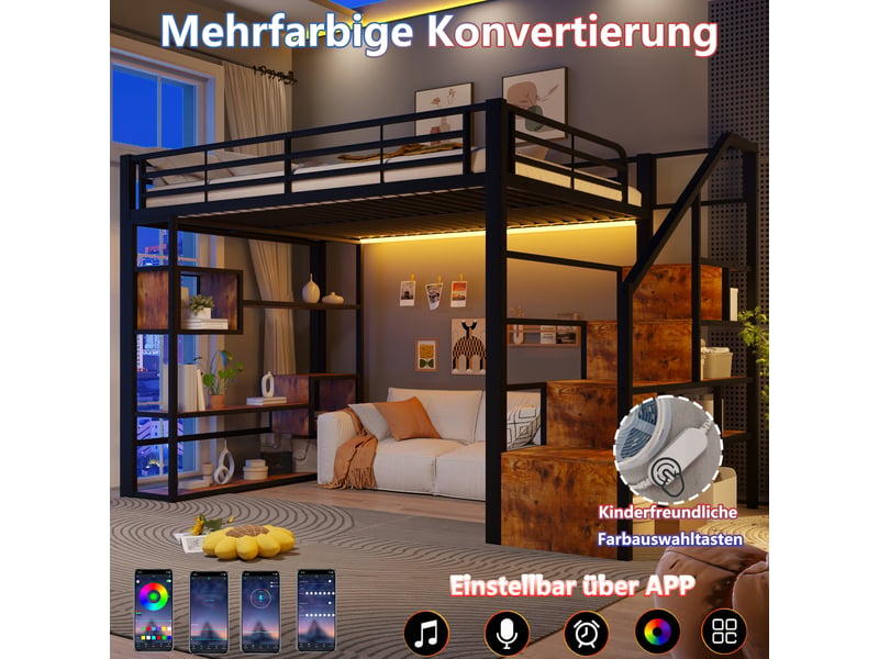  Lit mezzanine 140 x 200 cm, noir, sans matelas, structure métal, rangement et led, échelle et garde-corps  - Conforama D