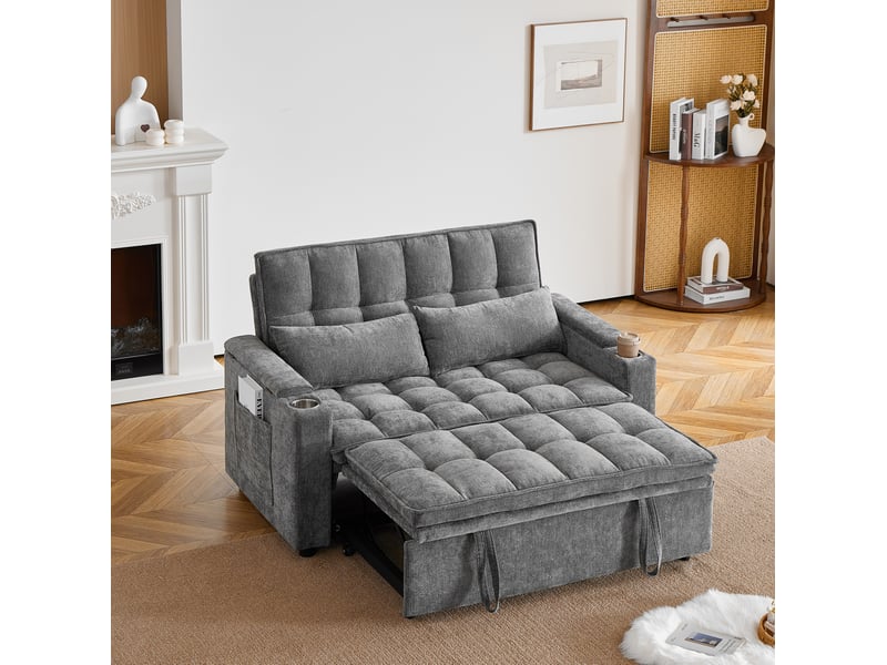  Canapé droit convertible 3 en 1 gris en tissu, rangements et porte-gobelets, idéal chez vous, pour recevoir vos invités  - Conforama B