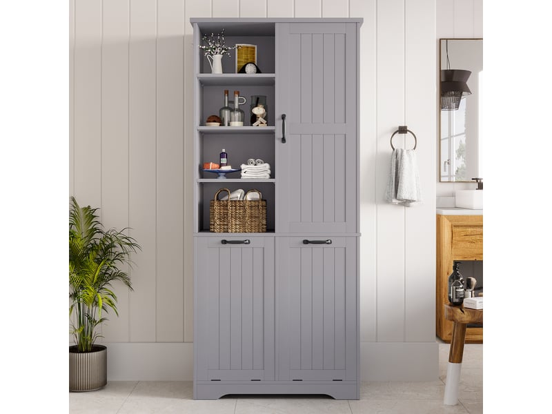 Armoire de salle de bain 78x35x172 cm, laquée anti-humidité, 2 paniers à linge, gris - Conforama C