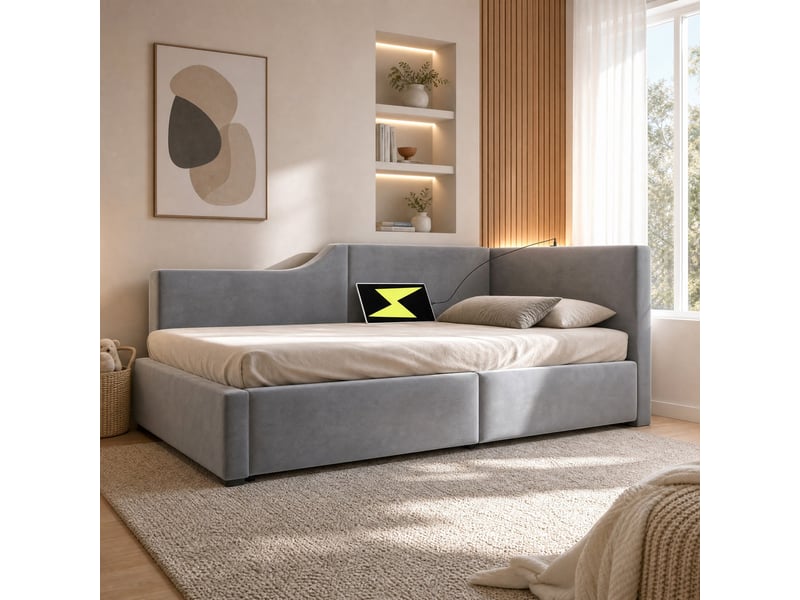  Lit banquette, lit simple avec coffre hydraulique, lampe de lecture et usb-c, 190x90 cm, sans matelas, gris  - Conforama B