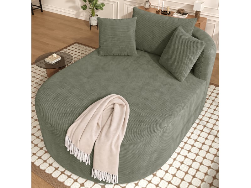  Fauteuil relax ovale à assise profonde avec coussin, sans montage, en velours côtelé vert, 170 × 112,5 × 83 cm  - Conforama E
