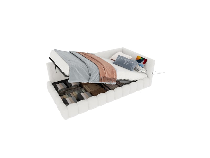  Lit de jour 90x200 cm blanc avec led, ports usb-c, coffre hydraulique et sommier à lattes - sans matelas  - Conforama D