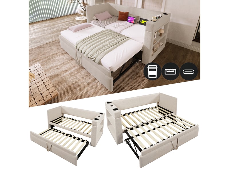  Lit avec lit gigogne et rangement en lin mélangé beige, 90 x 190 cm  - Conforama B