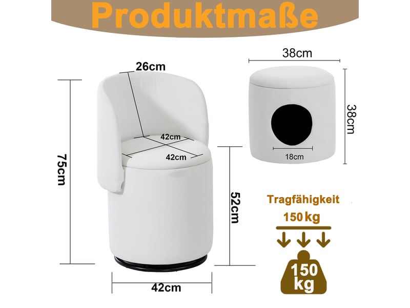 Fauteuil pouf pivotant 360° avec coffre de rangement et tabouret, en velours blanc, 53 × 50 × 47 cm - Conforama D