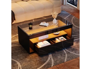Table basse 100x50, plateau verre trempé salon, led 16 couleurs, 2 tiroirs de rangement, design double étagère