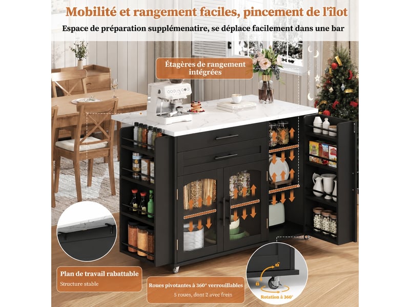 Îlot de cuisine mobile avec plan de travail rabattable, rangement et 5 roulettes, noir et bois naturel - Conforama D
