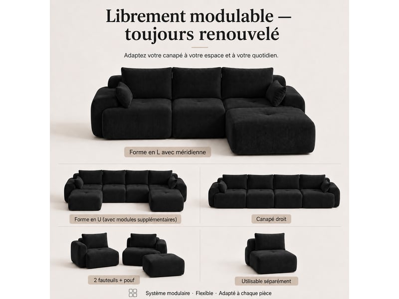 Canapé modulaire à compression, en tissu velours - Conforama E