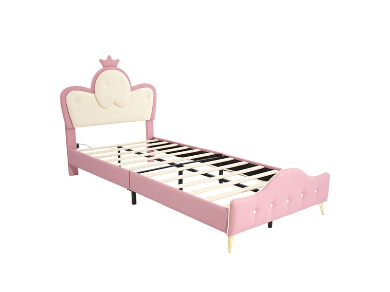  Lit enfant avec led et tête de lit couronne, 90 x 200 cm, blanc et rose  - Conforama W