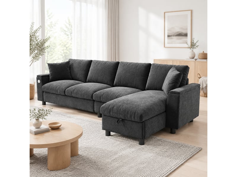  Canapé d'angle convertible 4 places 280x137x84 cm, rangements, usb type-c, table pliante, porte-gobelets, chenille, gris  - Conforama B