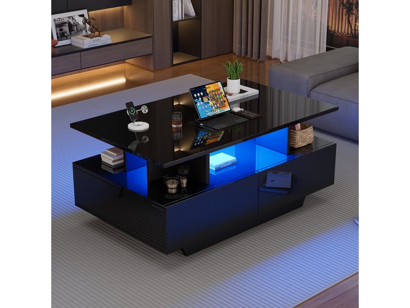  Table basse noire brillante avec led intégrée, 2 tiroirs de rangement, 90x55x41 cm, charge 30 kg  - Conforama D