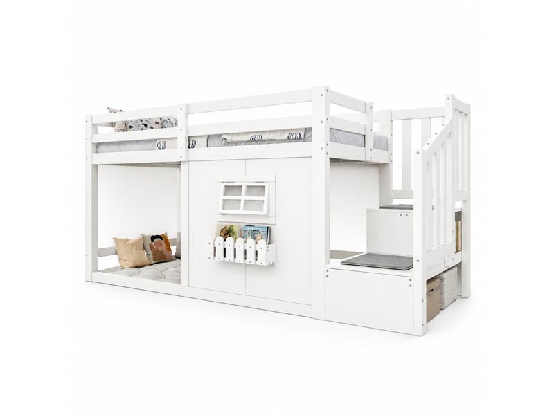  Lit mezzanine enfant 90x200 cm avec escalier de rangement, fenêtre et éclairage led, blanc, sans matelas  - Conforama A