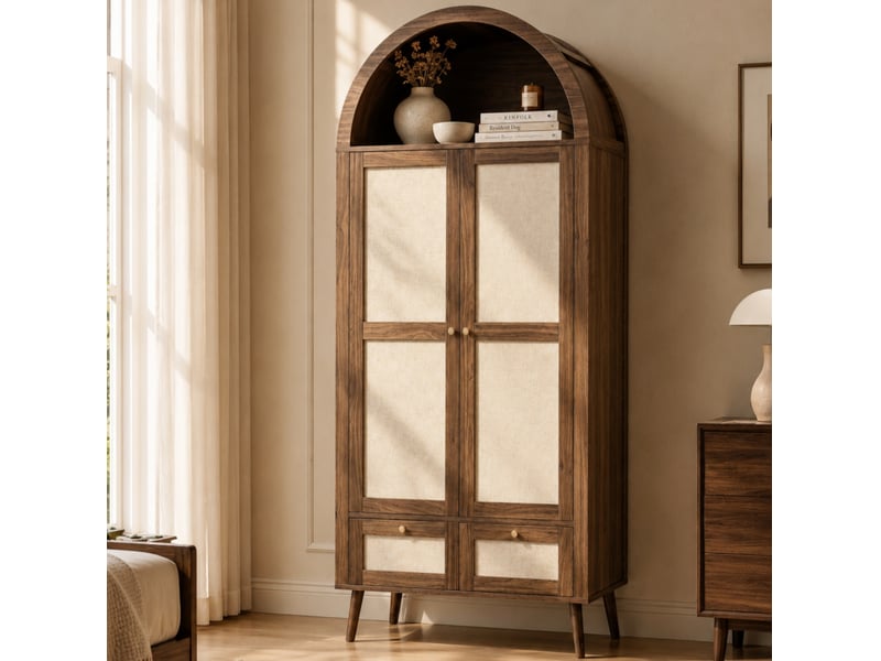  Armoire 2 portes et 2 tiroirs avec tringle et niche ouverte, design arqué, noyer et beige, 80 × 55 × 180 cm  - Conforama D