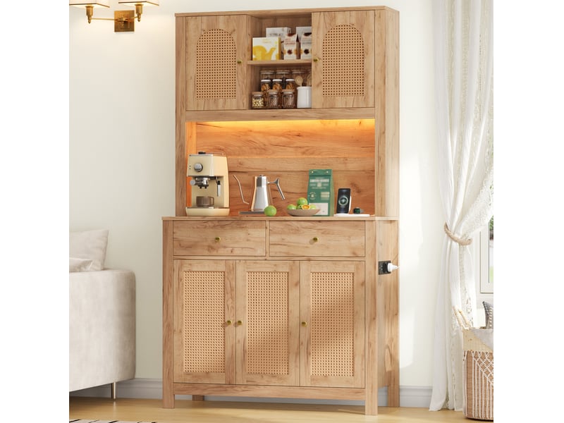  Buffet haut avec led et prises, 5 portes en rotin, 2 tiroirs, 100 x 40 x 180 cm evryae  - Conforama B