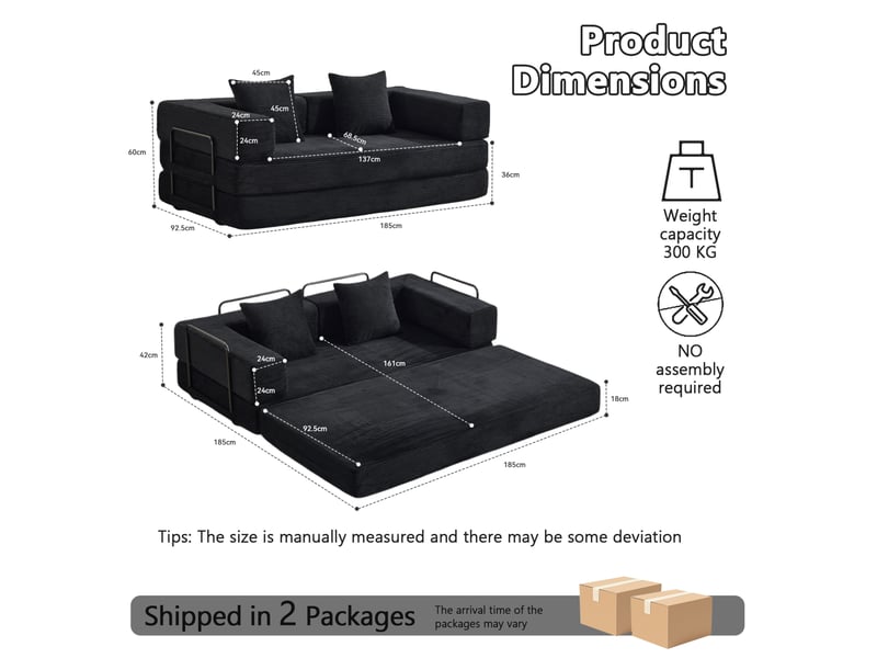  Canapé convertible au sol 2 places pliable avec accoudoirs et coussins en velours côtelé noir, 185 × 92,5 × 60 cm  - Conforama C