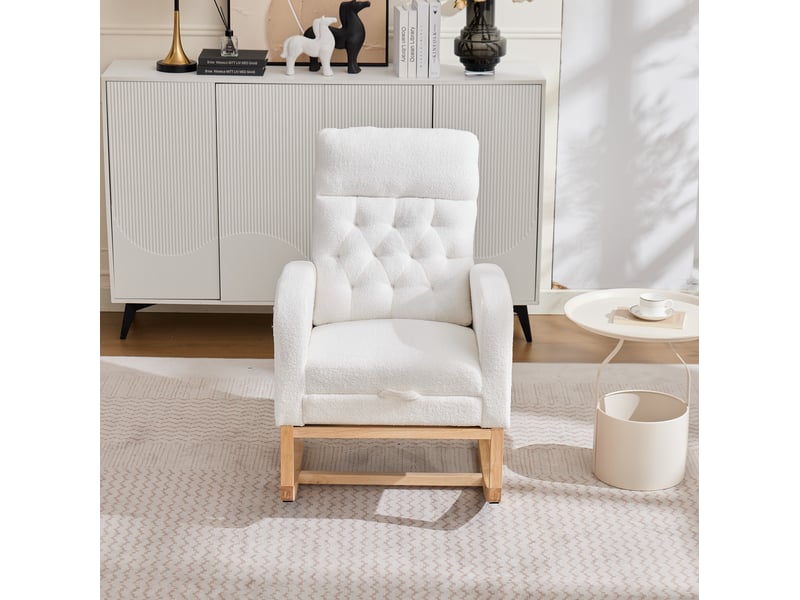  Fauteuil à bascule modenvie en bouclette blanche 65,6 x 123 x 102 cm avec repose-pieds extensible et poches latérales  - Conforama D