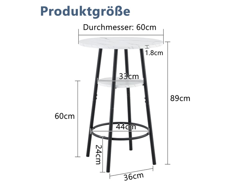  Table de bar, 60x60x89 cm, double espace de rangement et effet marbre, plateau mdf, piètement métal, coloris noir  - Conforama C