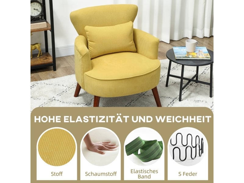  Fauteuil moderne, fauteuil d'appoint rembourré avec coussin lombaire, pieds en bois d'hévéa, jaune  - Conforama R