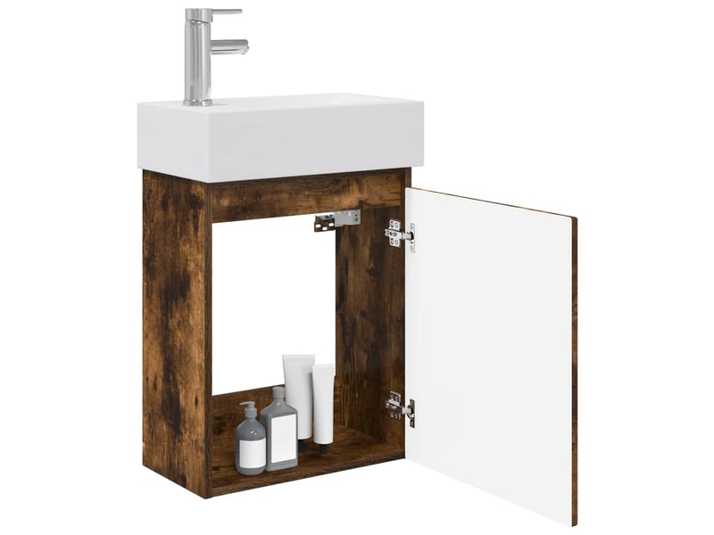  Meuble de rangement salle de bain avec robinet chêne fumé shl4591  - Conforama C