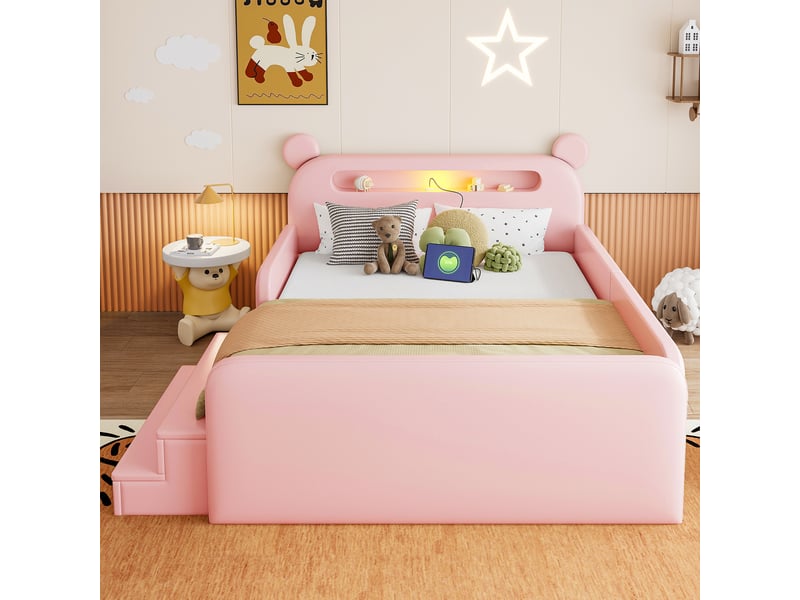 Lit 2 places 140x200 cm - lit enfant avec tête de lit ours, rangement, veilleuse et usb - rose - Conforama B