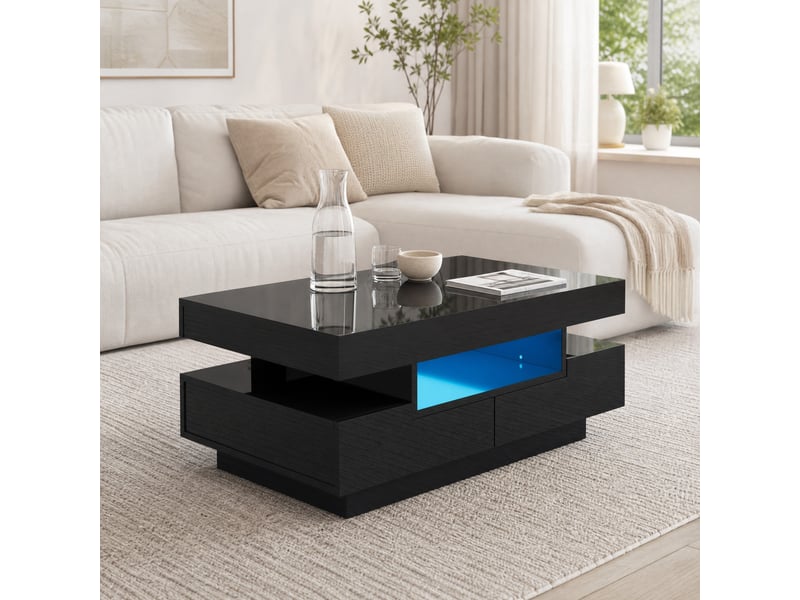  Table basse brillante avec 4 tiroirs et 3 niches, led réglable, pour salon, noir, 80×50×36 cm  - Conforama B