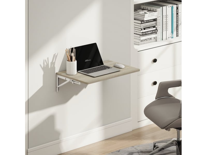  Bureau mural rabattable tcqpz 60 x 40 cm chene clair, table murale pliante peu encombrante, plateau melamine, angles arrondis, panneau de particules et metal  - Conforama B