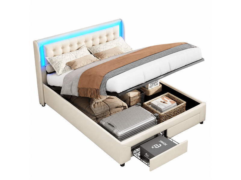 Lit double 140x190 avec led et tiroir, lit coffre avec 2 tiroir et led lit 2 places avec rangement et tête de lit rembourré cadre de lit capitonnée avec 2 tiroirs lit 2 personnes velvet beige, sans matelas - Conforama A