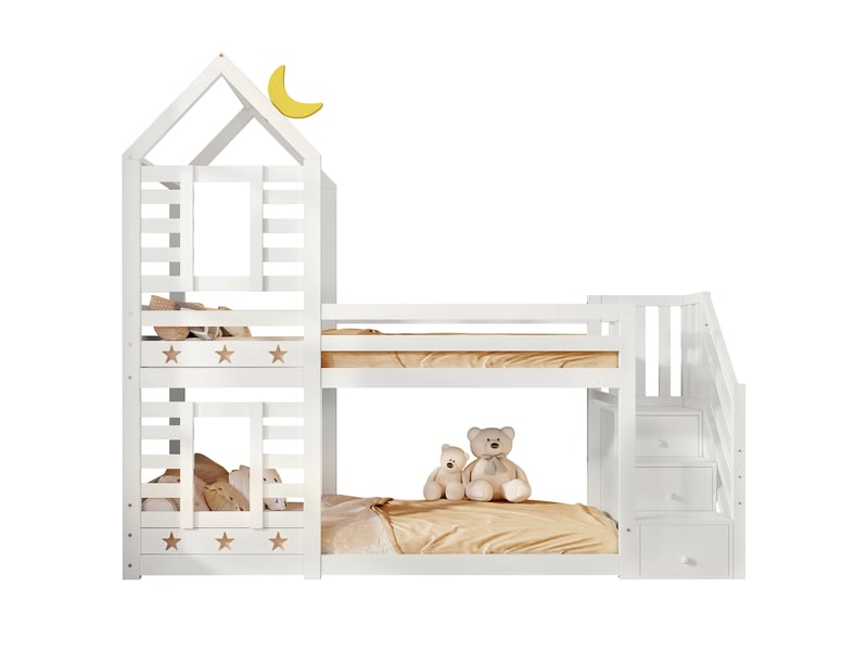  Lit superposé cabane 90x200 cm avec tiroirs et escalier de rangement, sommier à lattes inclus, bois blanc  - Conforama A