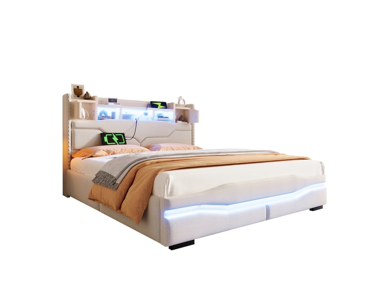  Lit rembourré, 160 x 200 cm, avec prise de chargement usb-c, éclairage d'ambiance sous le lit, tête de lit avec compartiment de rangement, lit coffre hydraulique, sans matelas, avec éclairage led, beige  - Conforama A