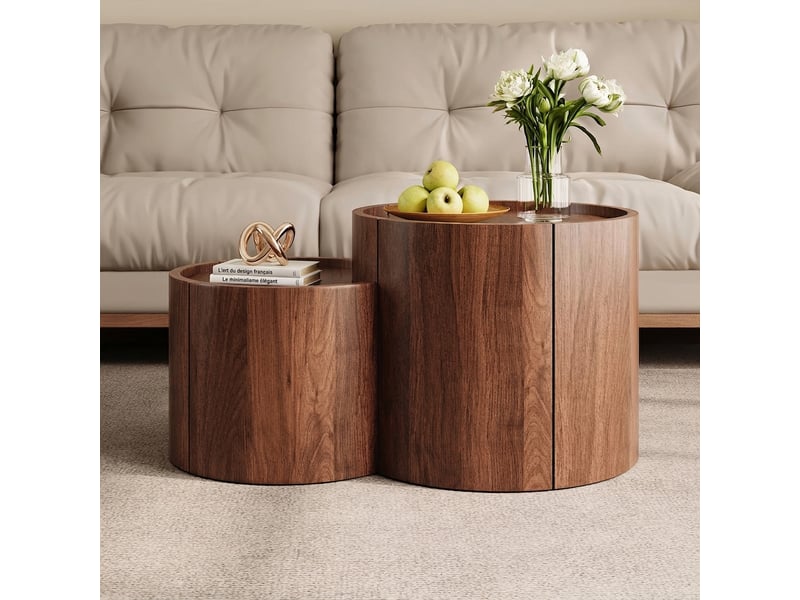  Table basse ronde avec rangement et tiroirs, finition noyer, 77.5x47.5x40 cm  - Conforama D