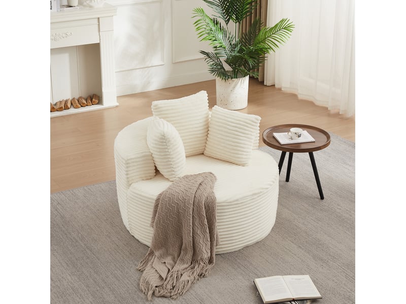  Fauteuil rond 1 place ø110 cm en velours côtelé beige avec 3 coussins  - Conforama B