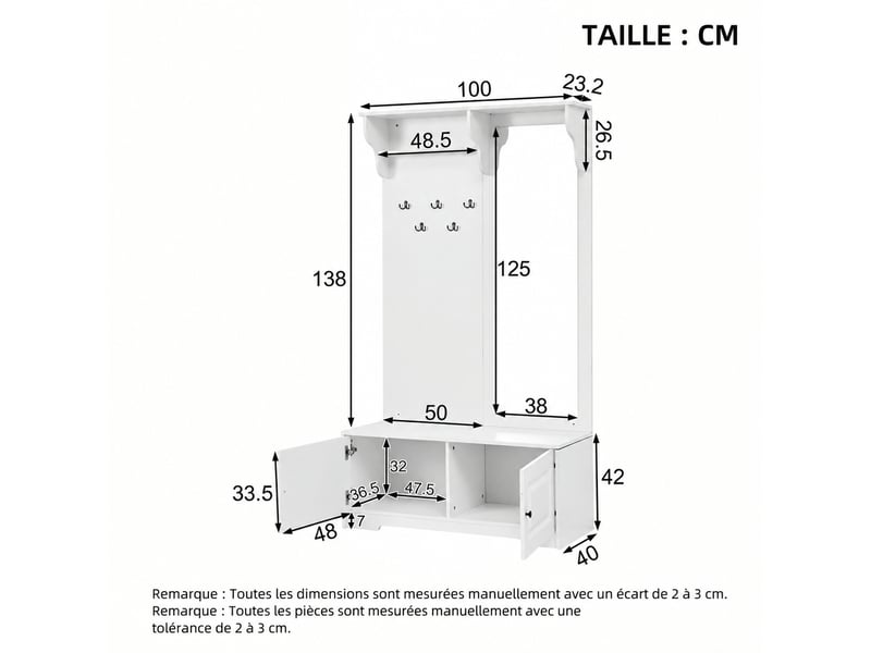 Vestiaire d’entrée blanc avec miroir, banc, 5 patères, 2 portes, 100 x 40 x 180 cm - Conforama C