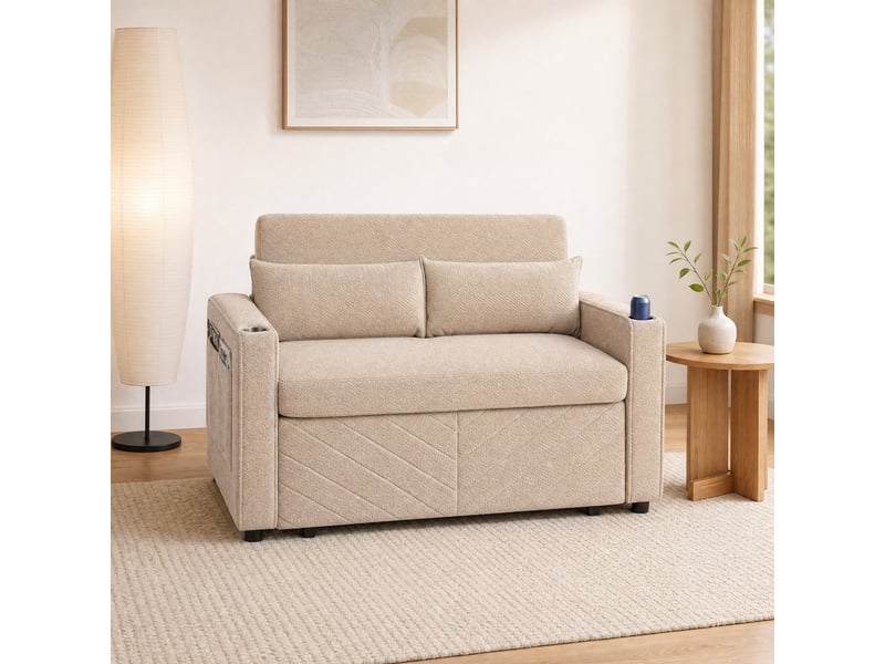 Canapé convertible 2 places coulissant avec ports usb - fonction méridienne, structure en bois, tissu - beige - Conforama B