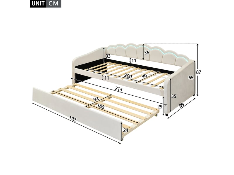  Lit gigogne 90x200 cm avec éclairage led, beige  - Conforama E