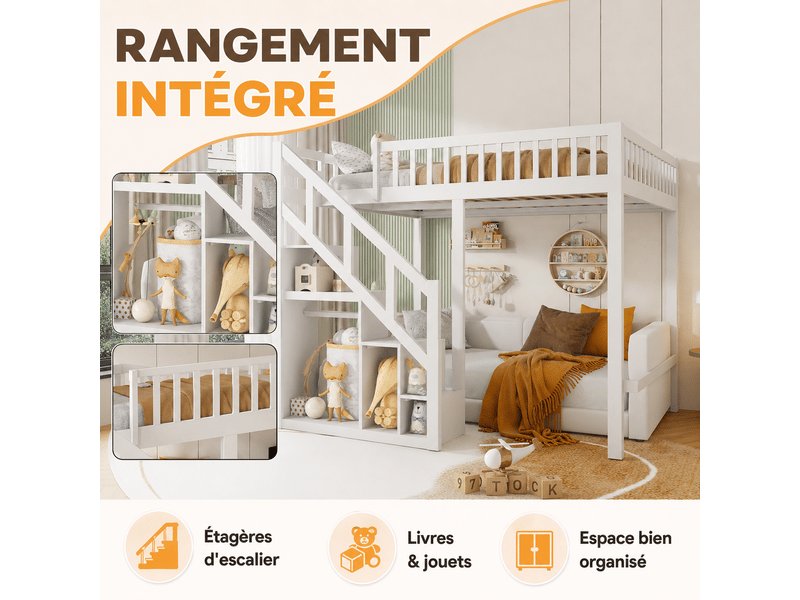 Lit mezzanine enfant pin 90x200, lit adulte loft avec échelle de rangement armoire étagères et sommiers à latte, barrière de sécurité, escalier rangement intégré, pin massif, lit superposé avec placard de rangement, protection … - Conforama E