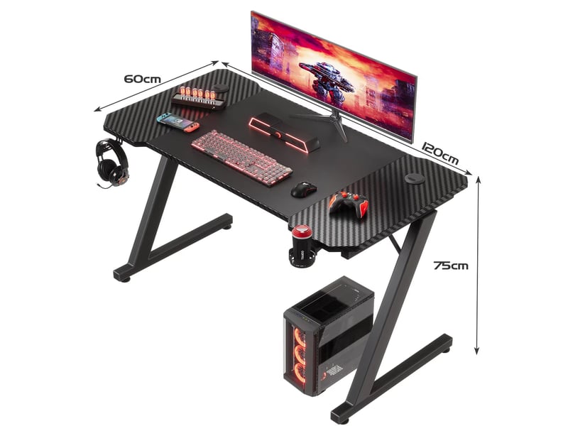  Bureau gaming 120 x 60 cm pour pc, table de jeu avec crochet casque, plateau effet fibre de carbone  - Conforama E